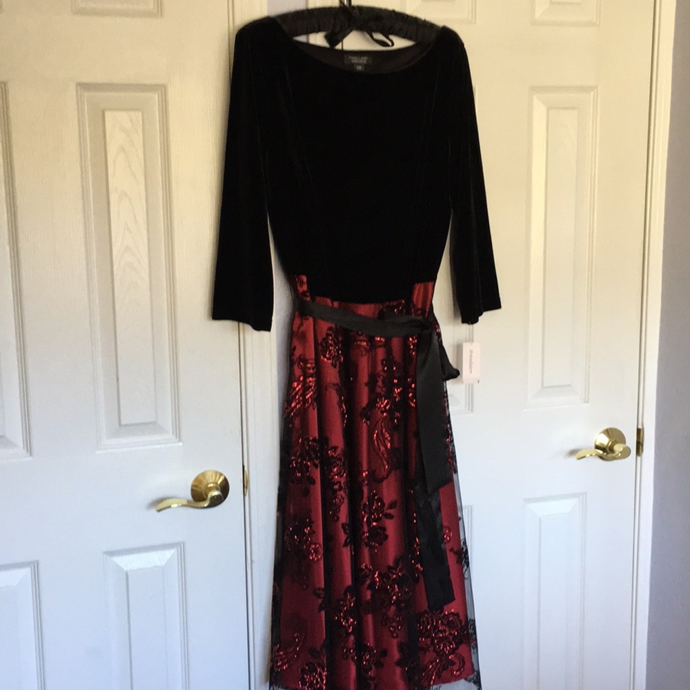 Black velvet dress 14W bottom is red satin & lace